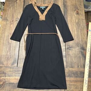 Lauren‎ Ralph Lauren Dress Size PXS Faux Suede Detail 3/4 Sleeve Preppy Cotton